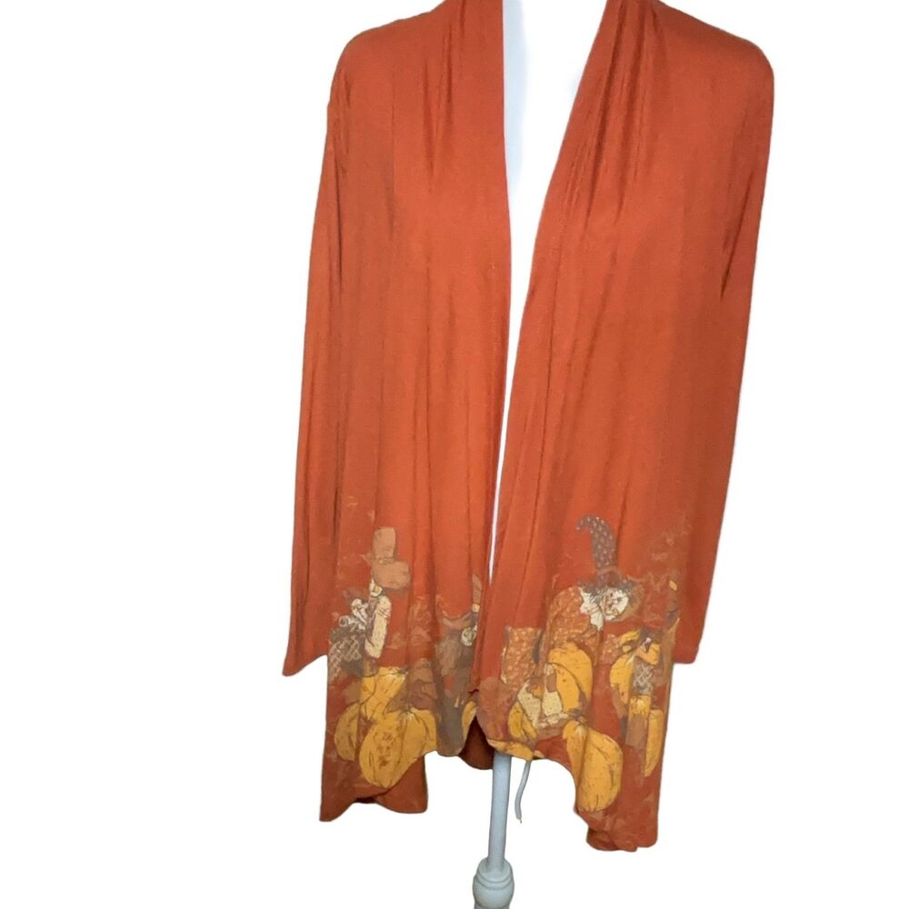 A Walk in the Park Open Front Cardigan Women's Large Orange Scarecrow Pumpkin